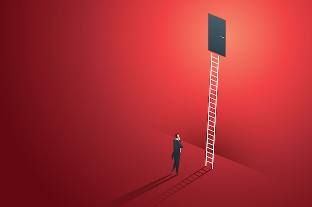 Business person standing thinking looks at door on wall red up path ladder to goal success. illustration