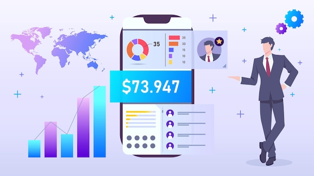 Uomo d'affari con grafici e grafici, dati sugli utili. marketing online sui social media con