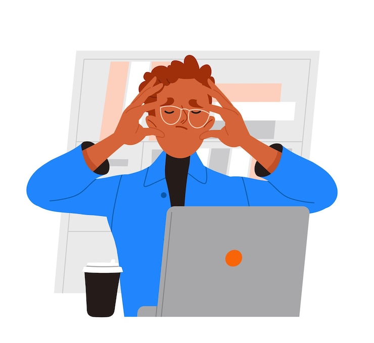 Vector business person working on laptop frustrated man with pc freelacer and remote worker businessman