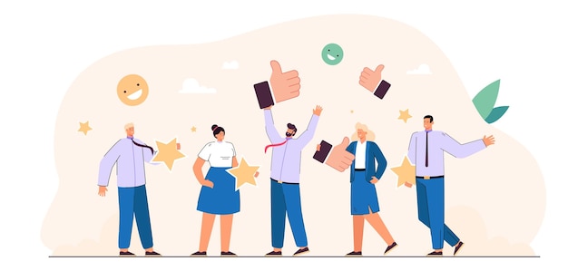 Business persons giving positive review or feedback. client satisfaction survey, top quality flat vector illustration. customer support or service, success concept for banner or landing web page