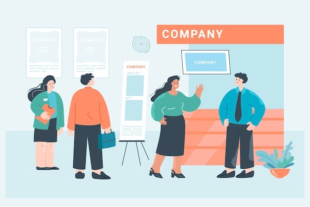 Business persons visiting trade fair or tradeshow booth. men and women at expo, company or business exhibition flat vector illustration. marketing, advertising concept for banner, website design