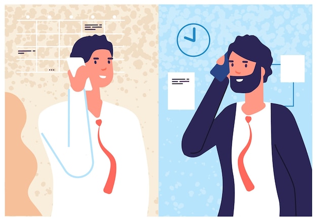 Business phone conversation. Men speaking, call center and managers. Info calling, mobile consultation for customer. Male dialog illustration. Business call conversation, office worker and boss