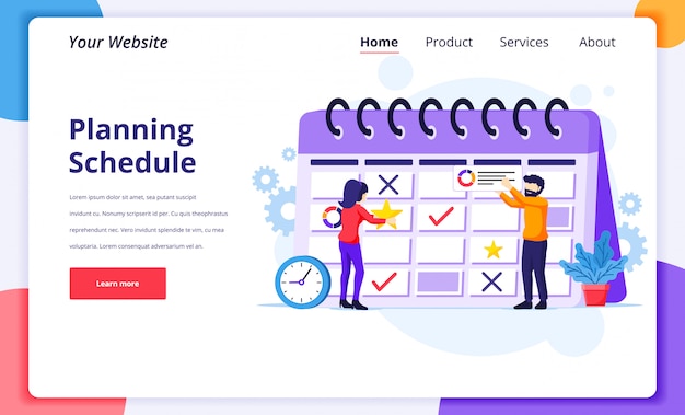 business planning concept illustration, people filling out the schedule on a giant calendar, work in progress for website landing page