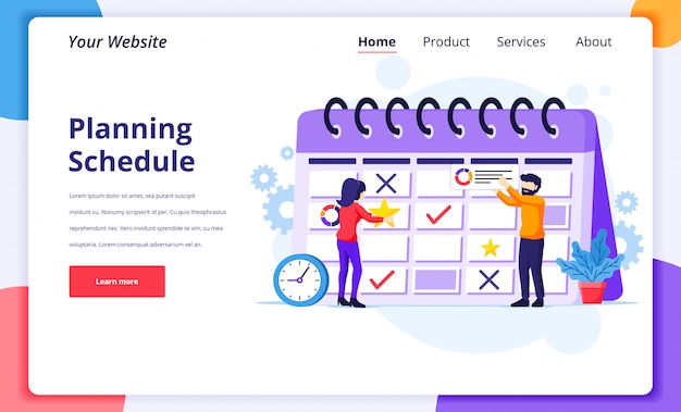 Иллюстрация концепции бизнес-планирования, люди заполняют график на гигантском календаре, работа над целевой страницей сайта
