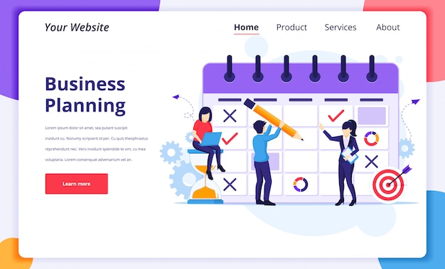 事業計画の概念図、ウェブサイトのランディングページの巨大なカレンダーに作業スケジュールを記入する人々