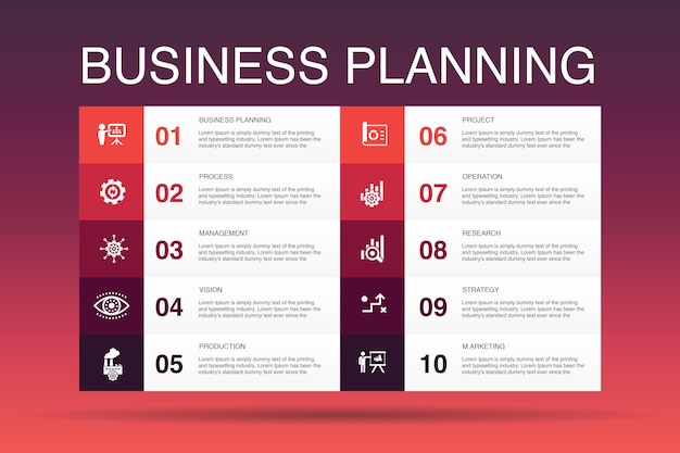 Business planning infographic 10 option template.management, project, research, strategy simple icons