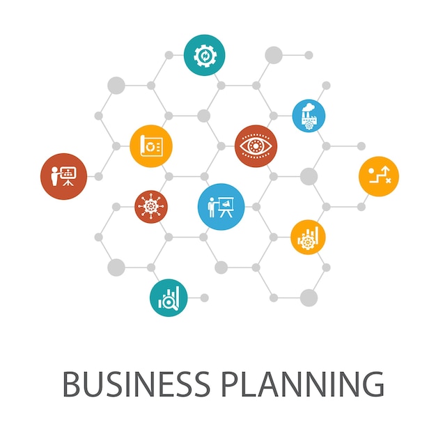 Business planning presentation template cover layout and infographics management project research strategy icons