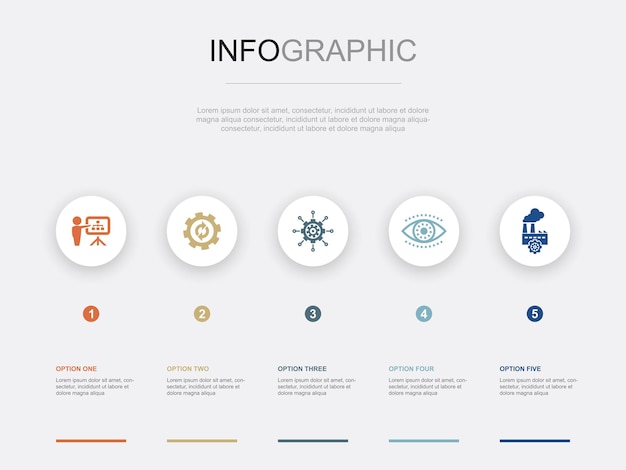 Business planning process management vision production icons infographic design template creative concept with 5 steps