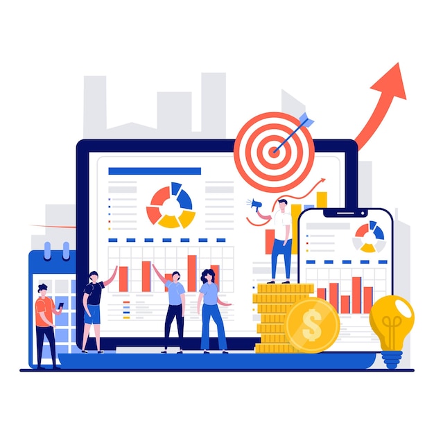 Business planning and strategic analytics concept with tiny people character