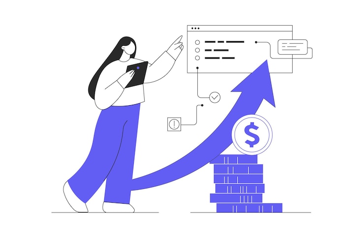 Vector business planning strategy woman creates a business plan invests in projects increases income