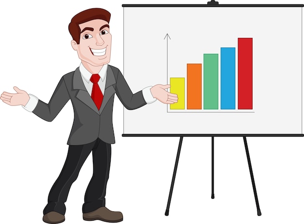 Vector business presentation. businessman shows statistics on board