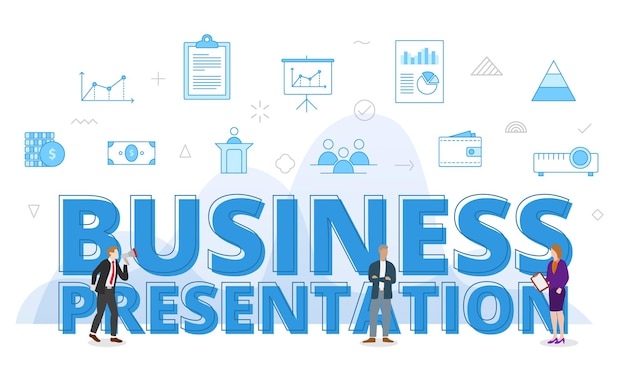 Business presentation concept with big words and people surrounded by related icon spreading with modern blue color style