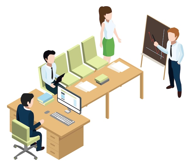 Business presentation in conference room Isometric office scene