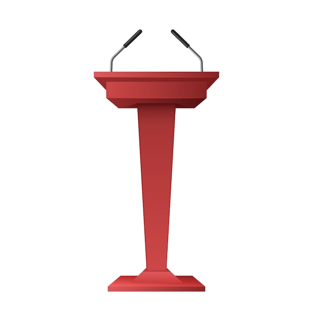 Vector business presentation or conference speech tribune. creative podium rostrum with microphones for speaker or politician on white background. realistic 3d vector illustration