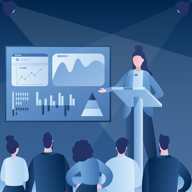 Business presentation or conference Successful businesswoman perform on rostrum in front of audience