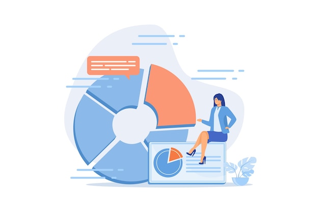 Business presentation. Data analytics, pie chart, infographics visualization. Report analyzing.