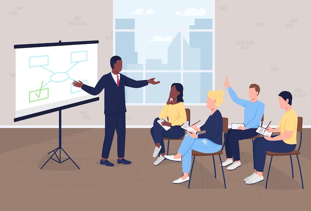 Business presentation flat color vector illustration. Corporate training for employees. Professional development. Seminar audience with tutor 2D cartoon characters with interior on background