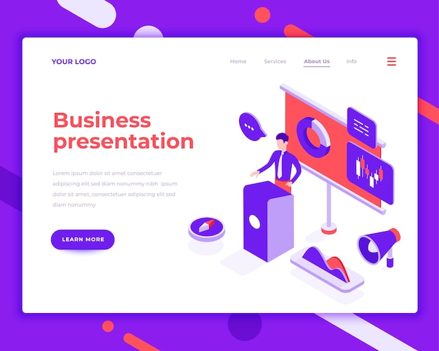 Vector business presentation people and interact with graphs isometric vector illustration