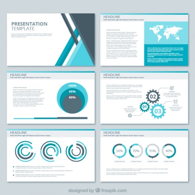 Business presentation with geometric shapes and several charts