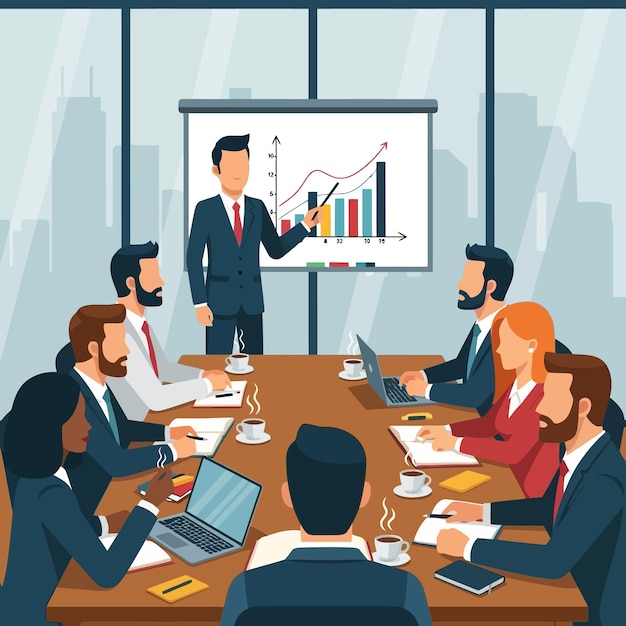 Business Presentation with Increasing Graph for Diverse Team in Office