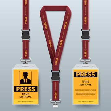 Premium Vector  Business press pass id card lanyard badges realistic.  holder and lanyard, identity card for security to conference illustration