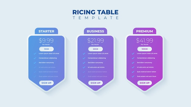 Vector business price chart template web banner checklist template design design a price list comparison