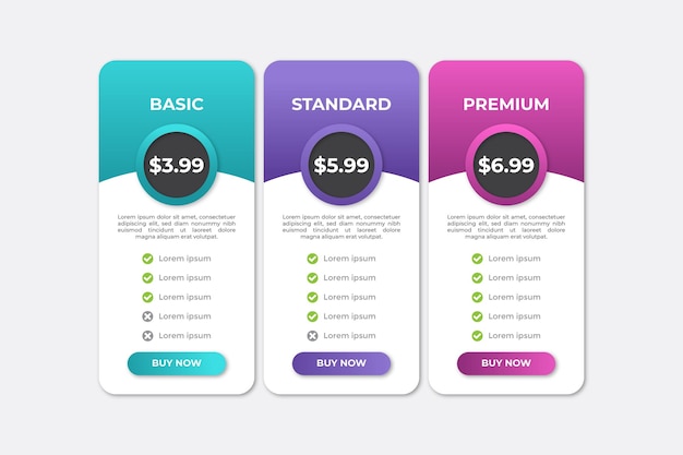 Vector business price table modern design price list subscription plans of ui web element design