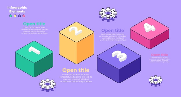 벡터 4단계 큐브가 있는 비즈니스 프로세스 차트 인포그래픽 아이소메트릭 미니멀리즘 스타일 회사 순서도 프레젠테이션 슬라이드 아이소메트릭 디자인의 벡터 정보 그래픽 보라색 배경의 귀여운 스타일