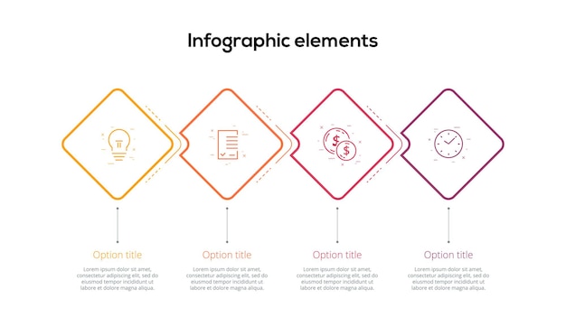 Vector business process chart infographics with 4 step rhombs square corporate workflow graphic elements