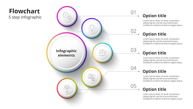 Business process chart infographics with 5 step segments Circular corporate timeline infograph elements