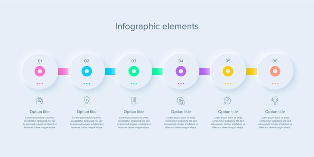 벡터 neumorphism 슬라이드 템플릿의 6 단계가 포함 된 비즈니스 프로세스 차트 infographics