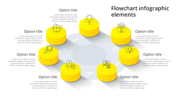 Infografica del grafico dei processi aziendali con 7 segmenti di passaggio. elementi di infograph timeline aziendale 3d isometrico.