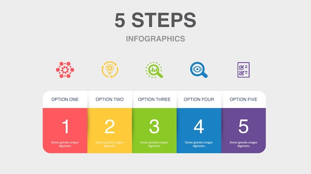 Внедрение бизнес-процесса, анализ, исследование, тестовые иконки. шаблон макета инфографического дизайна. креативная концепция презентации с 5 шагами.