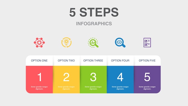 Vettore processo aziendale implementare analizzare indagare icone di test modello di layout di progettazione infografica concetto di presentazione creativa con 5 passaggi