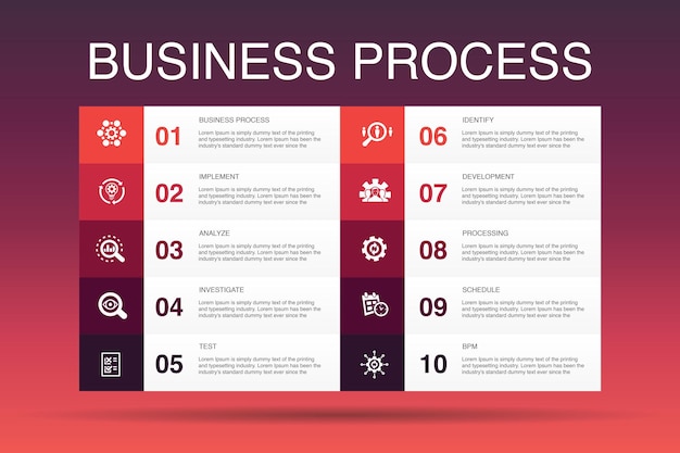 Vector business process infographic 10 option template.implement, analyze, development, processing simple icons