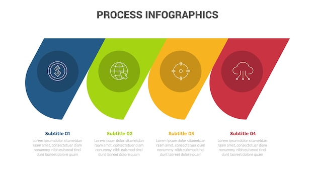 Business process stage infographics template diagram banner met cirkelvormvariatie en 4-puntsstap creatief ontwerp voor diapresentatiegegevens