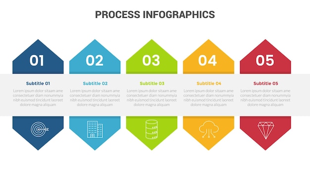 Business process stage infographics template diagram banner with horizontal shape variations and 5 point step creative design for slide presentation data