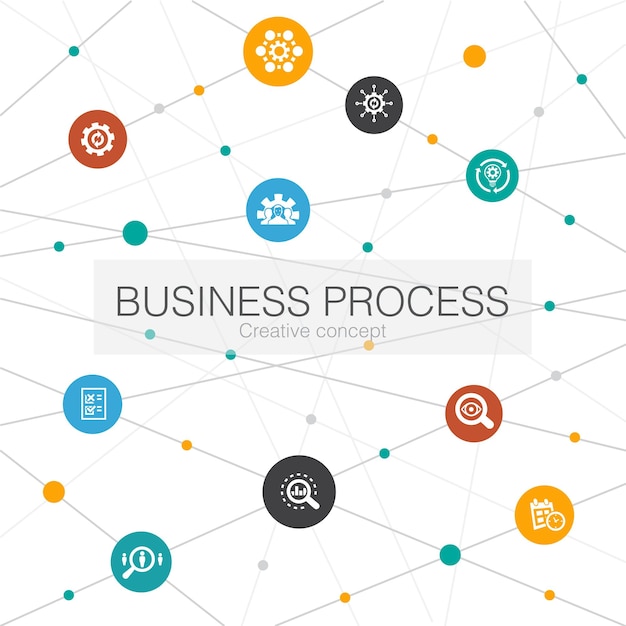 Business process trendy web template with simple icons Contains such elements as implement analyze development Processing icons