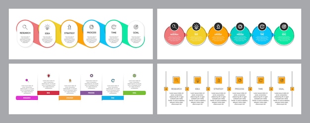 Vettore processo aziendale con 6 fasi successive della sequenza temporale. impostare una infografica colorata.