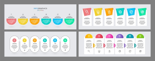Бизнес-процесс с 6 последовательными шагами временной шкалы. установите красочную инфографику.