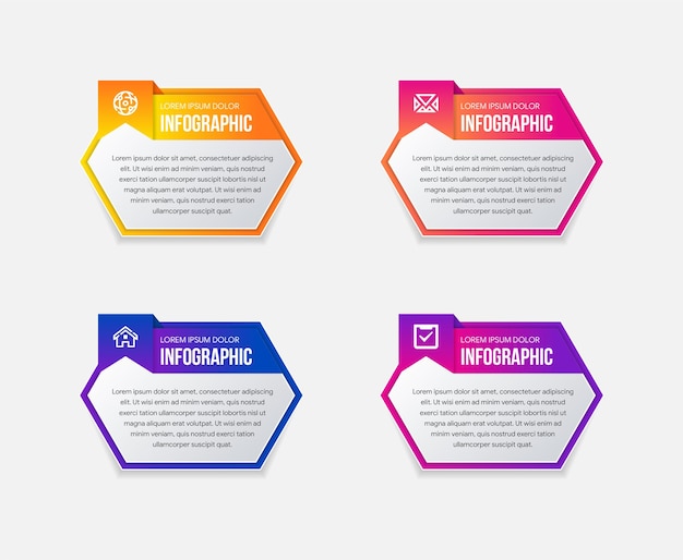 Business process with gradient color variations timeline with 4 options horizontal hexagons shape for main layout place for text vector template with paper cut element