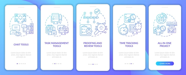 Strumenti di produttività aziendale gradiente blu onboarding schermata dell'app mobile procedura dettagliata in 5 passaggi pagine di istruzioni grafiche con concetti lineari modello gui ui ux myriad probold font regolari utilizzati