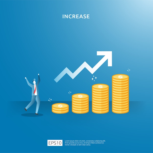 Рост прибыли бизнеса, рост прибыли от продаж с символом доллара. иллюстрация концепции увеличения заработной платы дохода с характером людей и стрелкой. финансовые показатели рентабельности инвестиций roi
