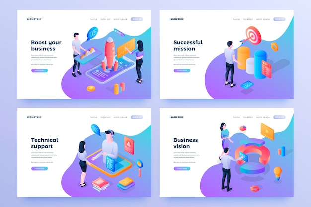 Business promotion services isometric landing page templates set Successful mission Technical support business vision website homepage design People working on projects cartoon characters