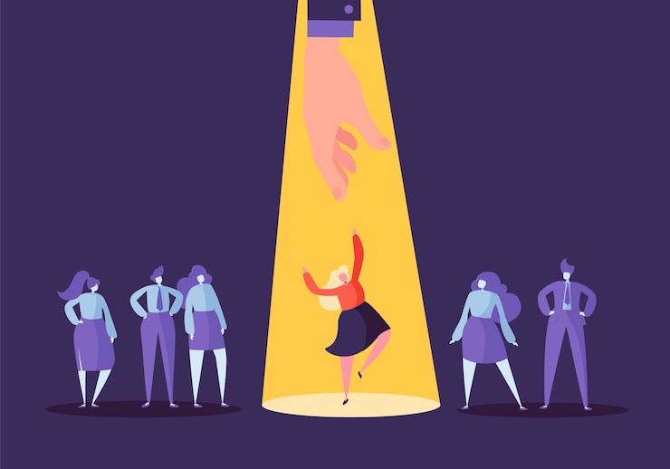 Vector business recruitment concept with flat characters. employer choosing one woman from group of people. hiring, human resources, job interview. 