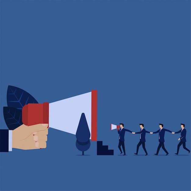 business referral walk together to megaphone metaphor of invite your friend.