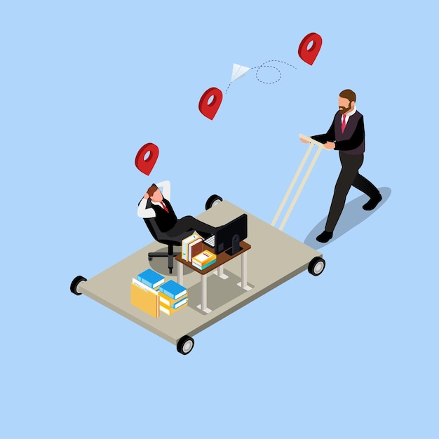 Vettore trasferimento di attività imprenditore push cart con ufficio
