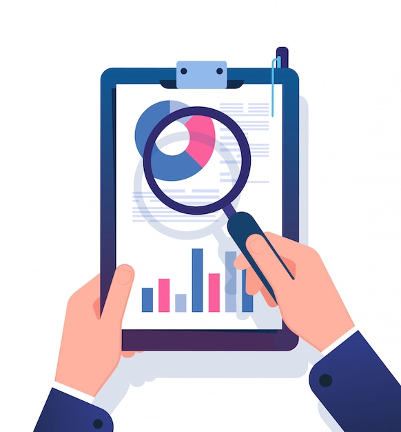 Business report concept. Businessman researching financial office document with magnifying glass. Data analysis vector illustration