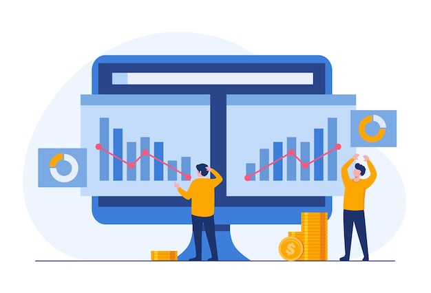 Vector business reporting on graphic and chart, success businessman, flat illustration vector