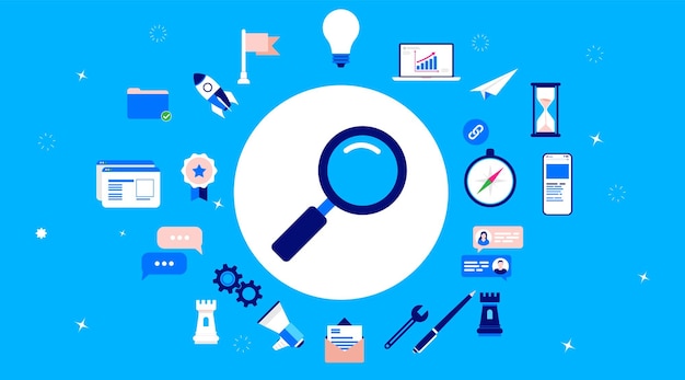 Vector business research symbols and icons on blue background